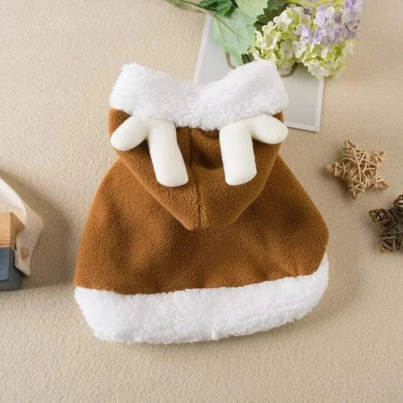 Funny cat Christmas costume brown and white warm fleece pet cape with hood and antlers