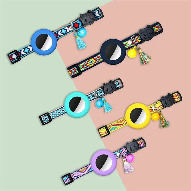 Adjustable nylon dog collars with bell and Airtag holder in multiple colorful patterns for cats and dogs.