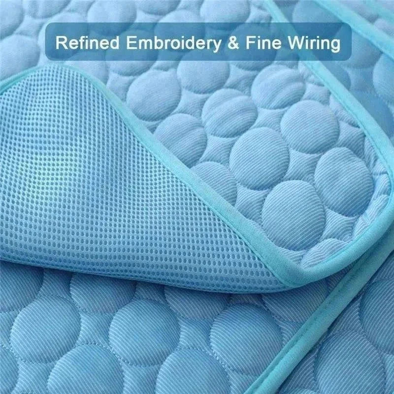 Blue dog mat cooling pad with refined embroidery and mesh fabric for pet comfort