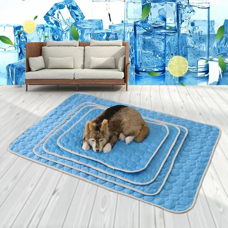 Blue cooling dog mat with quilted design and layered sizes, pet bed for summer comfort