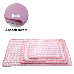 Pink cooling dog mat with sweat-absorbing fabric in multiple sizes for pets