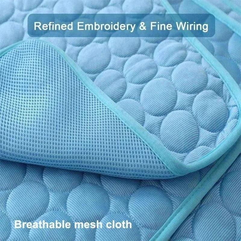 Blue breathable mesh dog cooling mat with refined embroidery and fine wiring