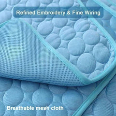 Blue breathable mesh dog cooling mat with refined embroidery and fine wiring