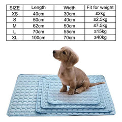 Blue cooling dog mat with different size options and a puppy sitting on the smallest mat