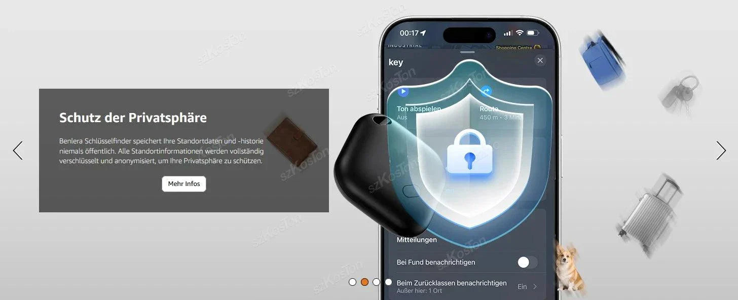 Mini GPS tracker device with smartphone screen showing security and privacy features for pets and belongings tracking