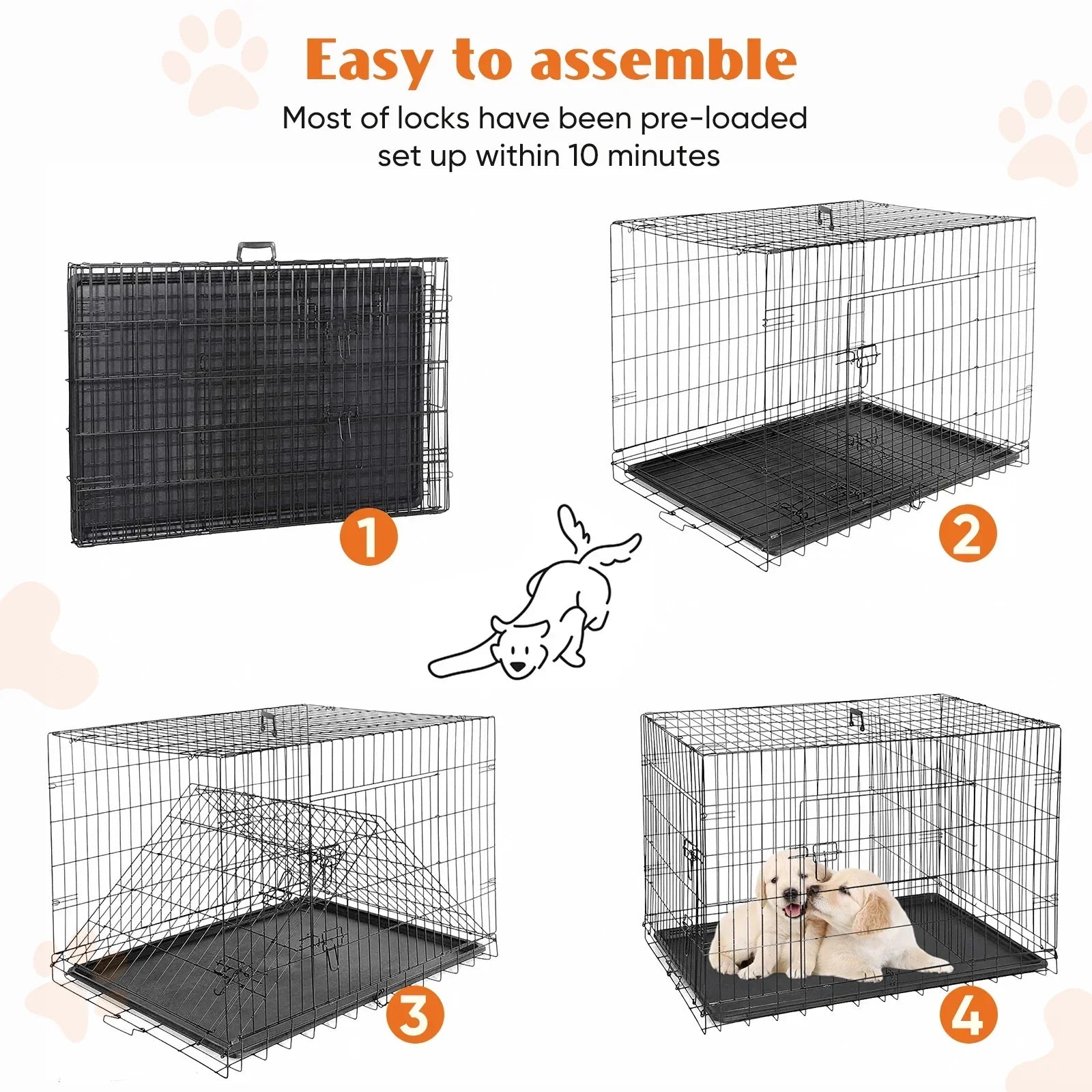 Foldable wire dog crate Double Door with Plastic Leak-Proof Pan tray