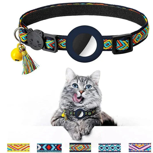 Adjustable nylon dog collar with bell and airtag holder on cat
