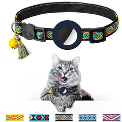 Adjustable nylon dog collar with bell and airtag holder on cat