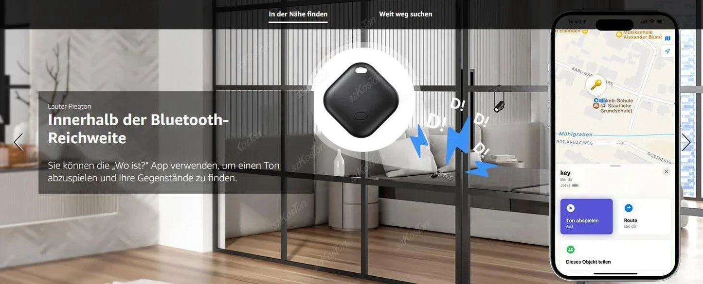 Mini GPS Tracker Smart iTag with Bluetooth locator for pets and personal items displayed in a modern living room with smartphone app interface showing tracking map