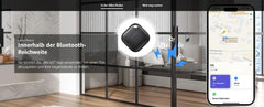 Mini GPS Tracker Smart iTag with Bluetooth locator for pets and personal items displayed in a modern living room with smartphone app interface showing tracking map