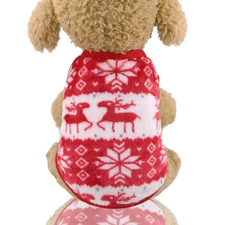 Small dog wearing red and white winter dog Christmas sweater with reindeer and snowflake pattern