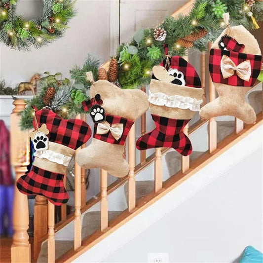 Plaid Christmas Stocking For Pet Buffalo Plaid Black And Red Checker Dog Bone Fish Shape For Puppy Kitty Cat With Bow