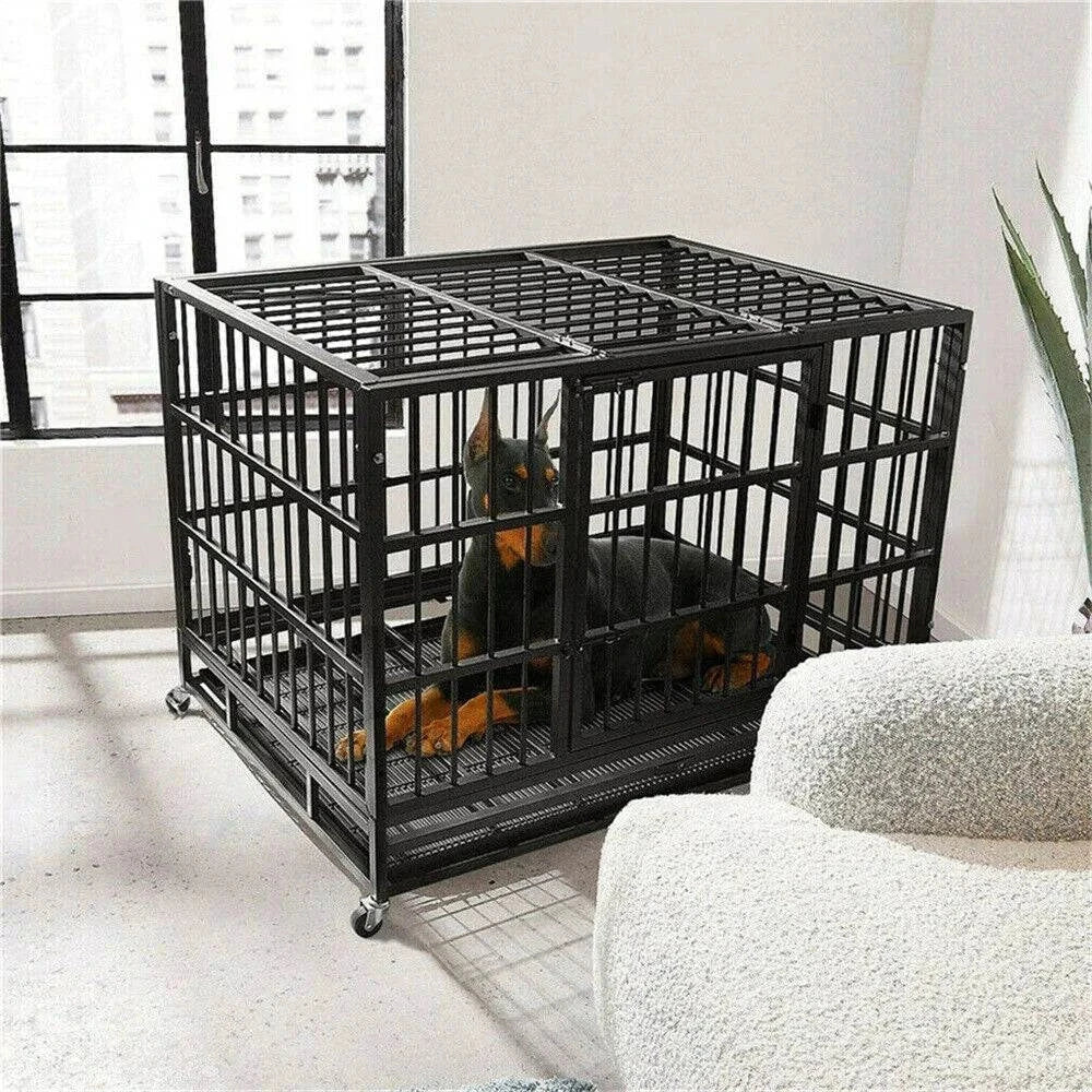 XXL large heavy duty dog crate with lockable wheels and iron metal kennel containing a large dog indoors