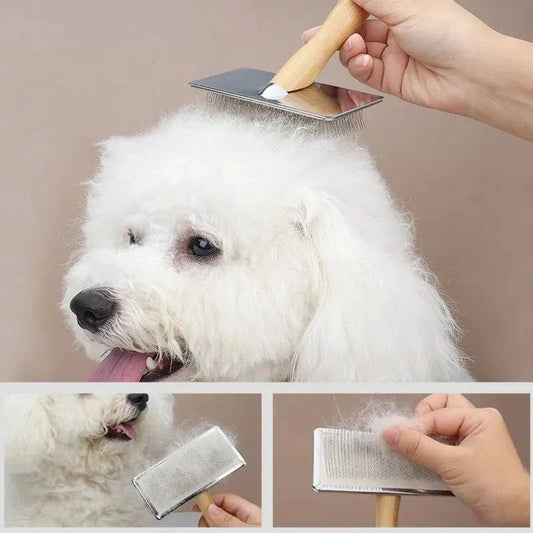 Solid Wood Pet Grooming Brush – Stainless Steel Teeth for Dogs & Cats