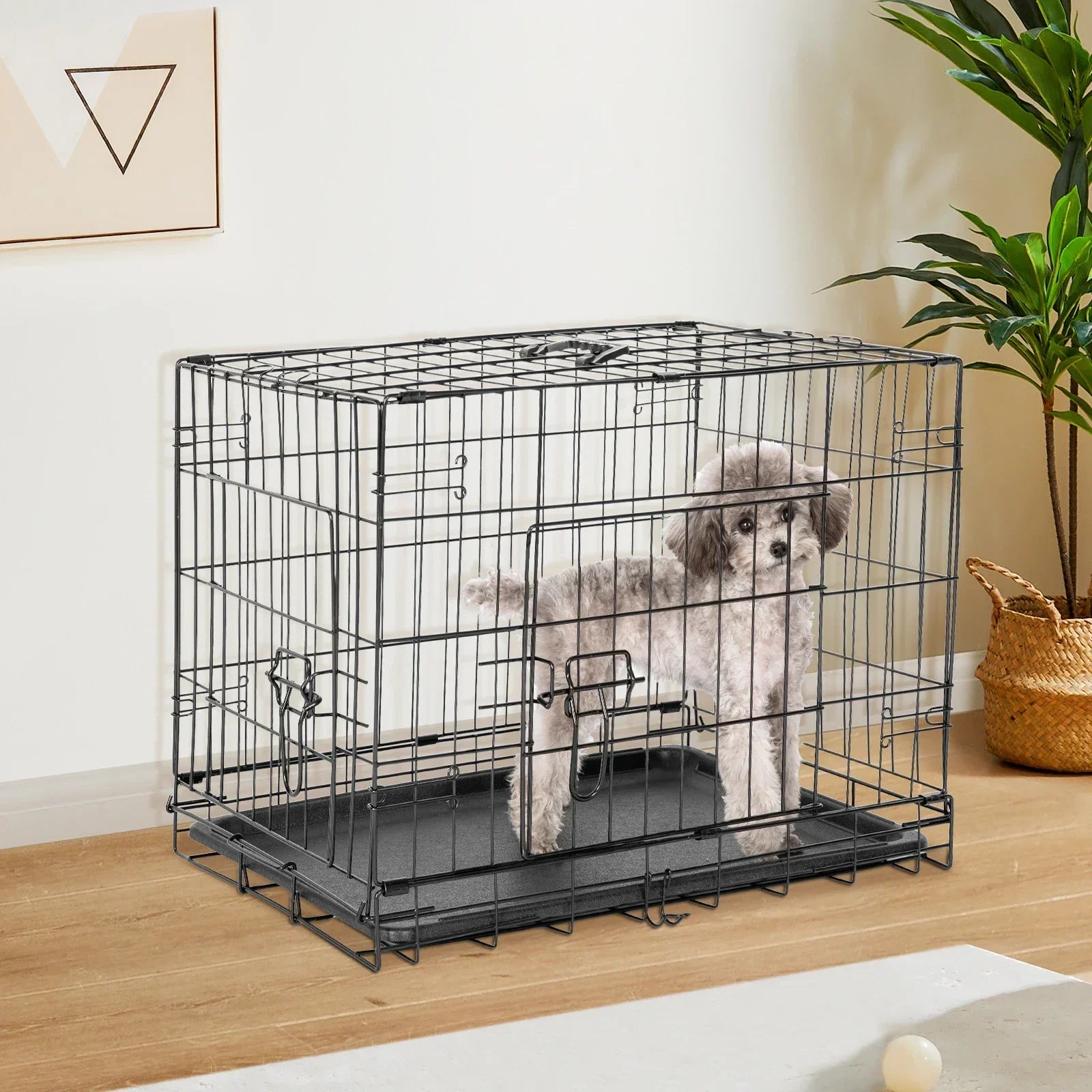 Foldable wire dog crate Double Door with Plastic Leak-Proof Pan tray