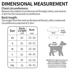 Dog Christmas clothes size chart with chest circumference and back length measurements for small to medium dogs