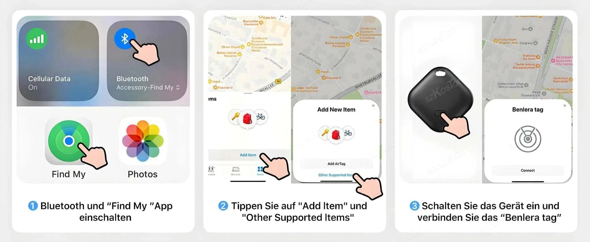 Mini GPS Tracker smart iTag shown with app activation and item connection steps for pets and valuables tracking