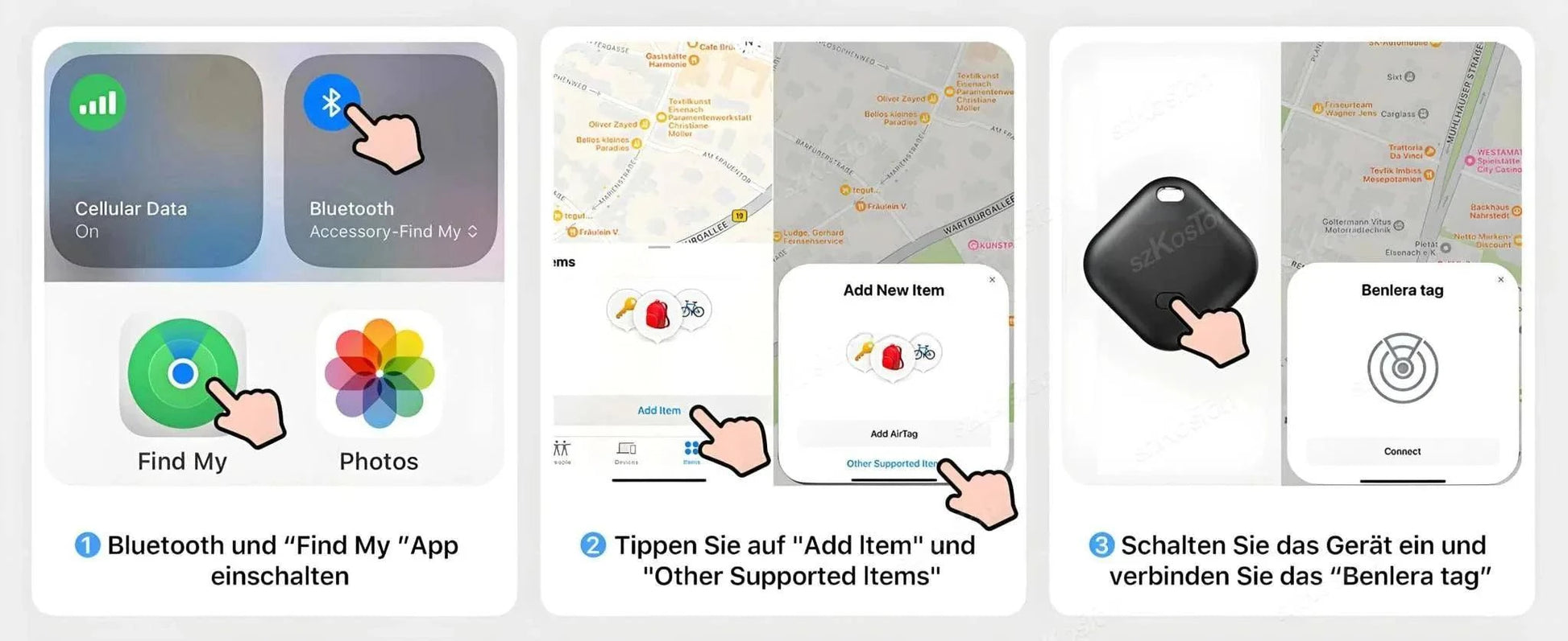 Mini GPS Tracker smart iTag shown with app activation and item connection steps for pets and valuables tracking