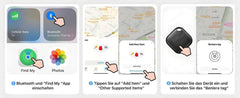 Mini GPS Tracker smart iTag shown with app activation and item connection steps for pets and valuables tracking