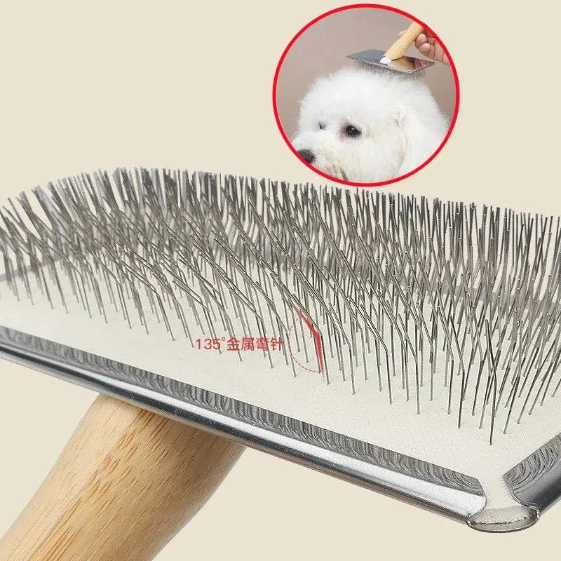Solid Wood Pet Grooming Brush – Stainless Steel Teeth for Dogs & Cats