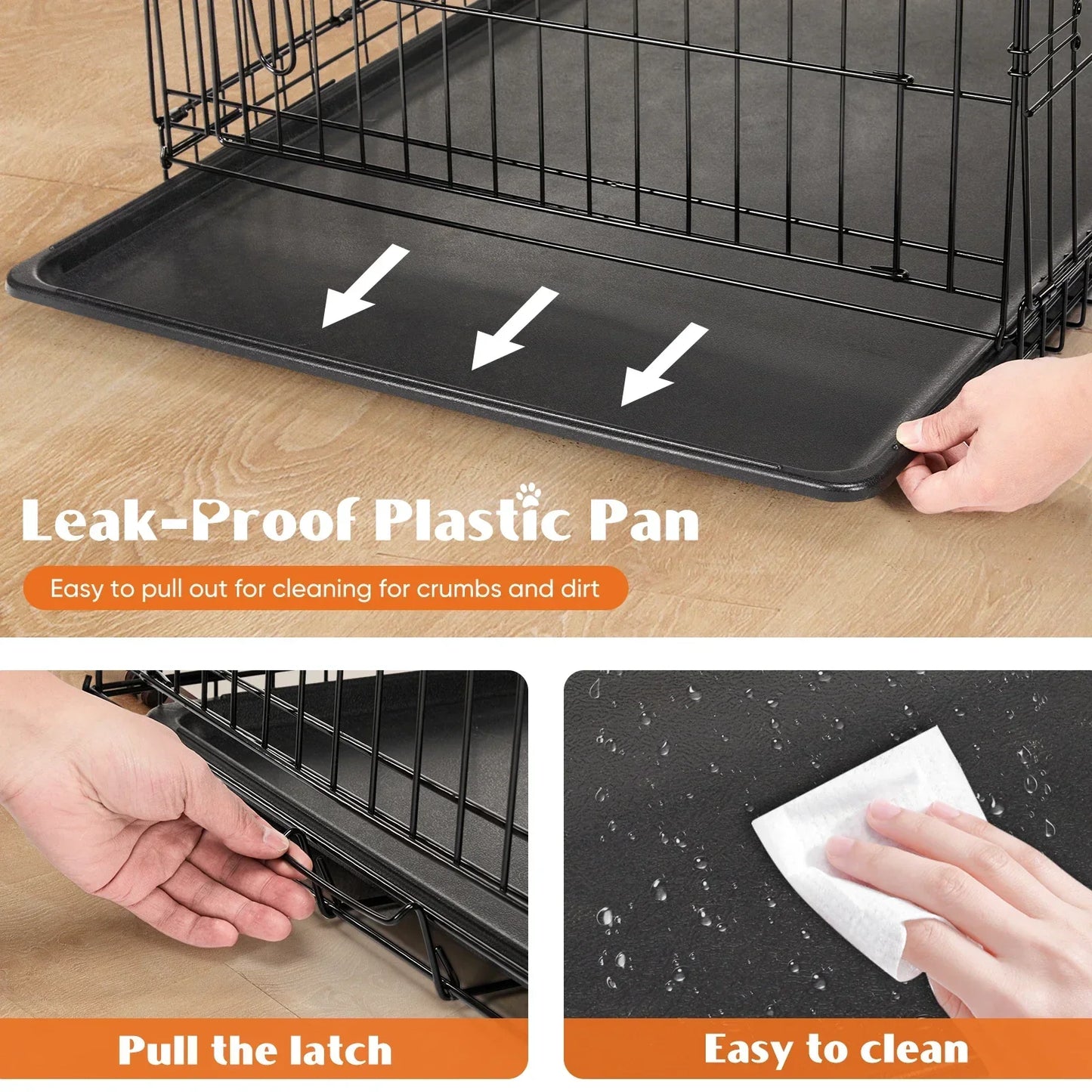 Foldable wire dog crate Double Door with Plastic Leak-Proof Pan tray