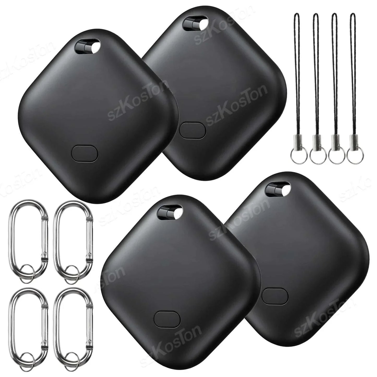 Set of four black Mini GPS Tracker smart iTags with keychain clips and lanyards for pets and cars location