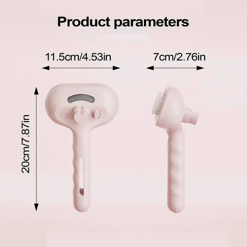Pet Hair Remover Spray Comb Grooming Brush for Cats and Dogs with dematting water mist humidifier, plastic material, size 20cm by 11.5cm by 7cm.