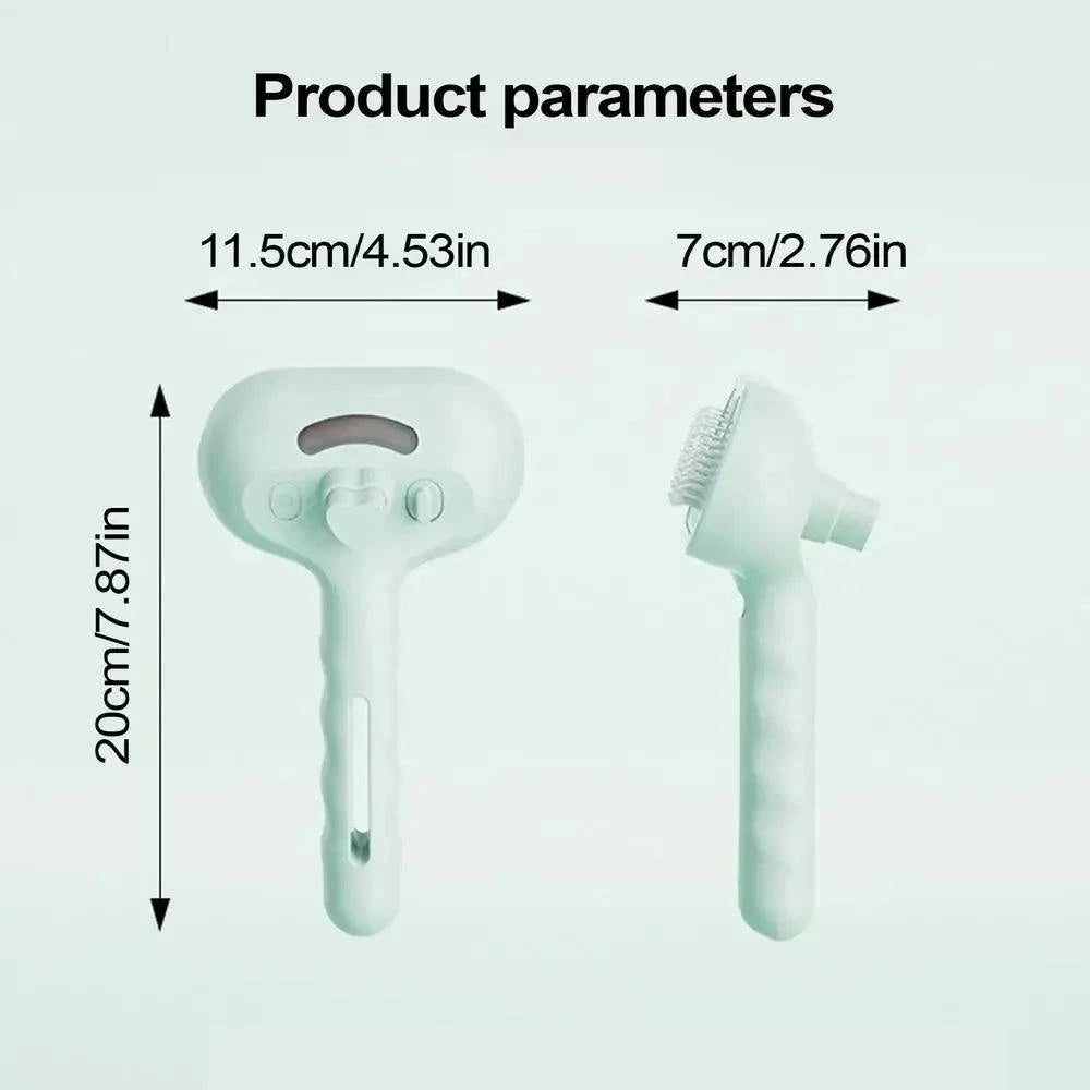 Pet hair remover spray comb grooming brush for cats and dogs with dematting water mist humidifier, plastic material, 20cm length, 7cm width, white color.