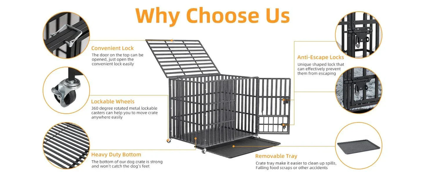 XXL large heavy duty dog crate with lockable wheels, removable tray, anti-escape locks, and strong tear-resistant iron square tube metal kennel.