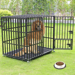 XXL large heavy duty iron dog crate with lockable wheels and tray, suitable for large breeds, shown with a dog inside outdoors
