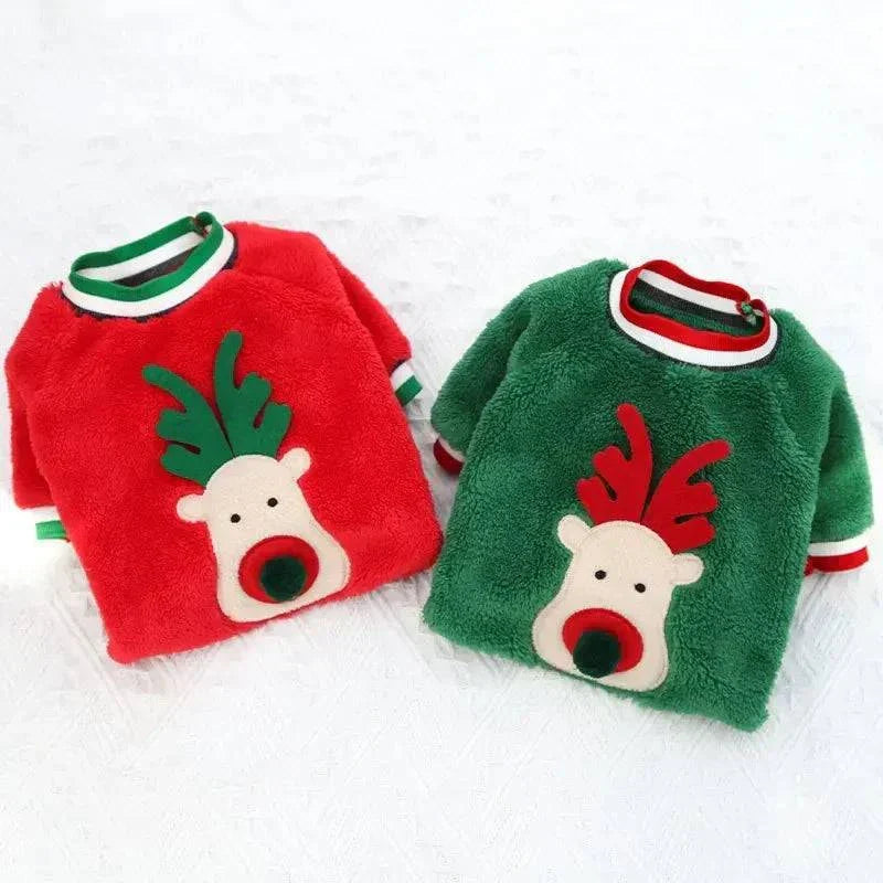 Small medium dog Christmas clothes with reindeer design winter warm hoodies in red and green colors