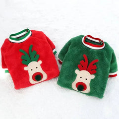 Small medium dog Christmas clothes with reindeer design winter warm hoodies in red and green colors