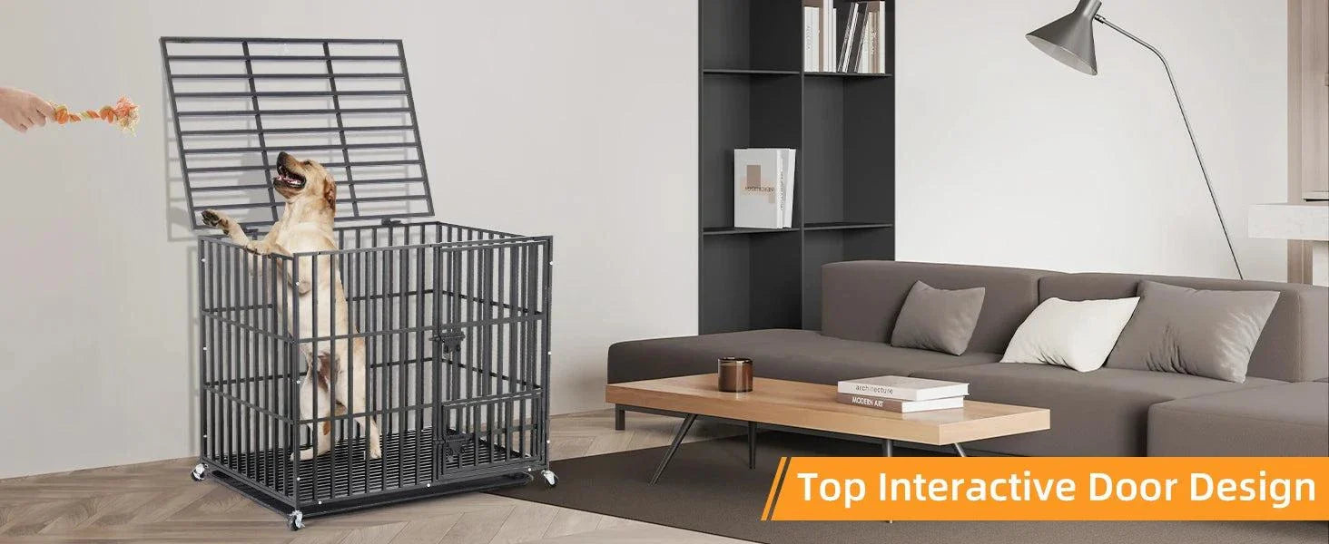 XXL large heavy duty metal dog crate with lockable wheels and top interactive door design in living room