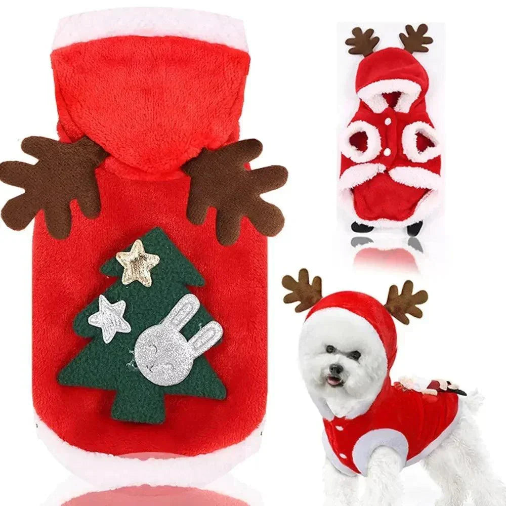 Red Christmas dog hoodie with reindeer antlers and festive tree design for small to medium dogs winter warm pet clothes
