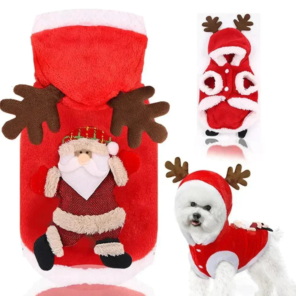 Red winter dog Christmas jacket with hood, Santa Claus and reindeer antler design, warm polyester pet clothes for small to medium dogs.