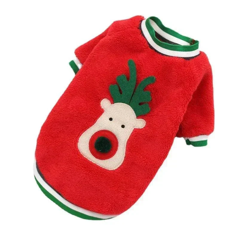 Red winter dog Christmas clothes with reindeer design and green-white trim for small to medium dogs