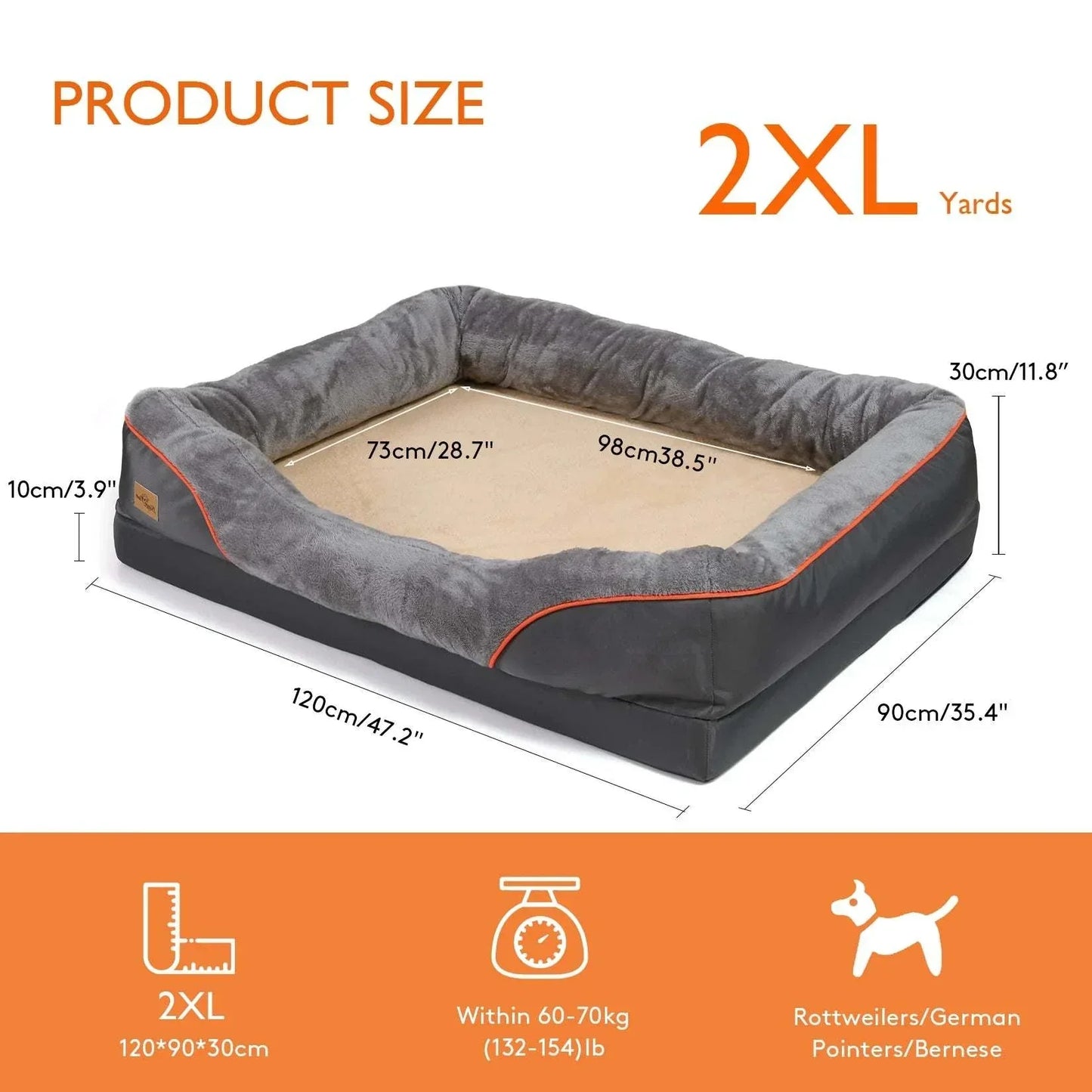 Orthopedic dog bed with super soft foam, cotton-padded bolster, removable cover, waterproof, size 2XL for large dogs