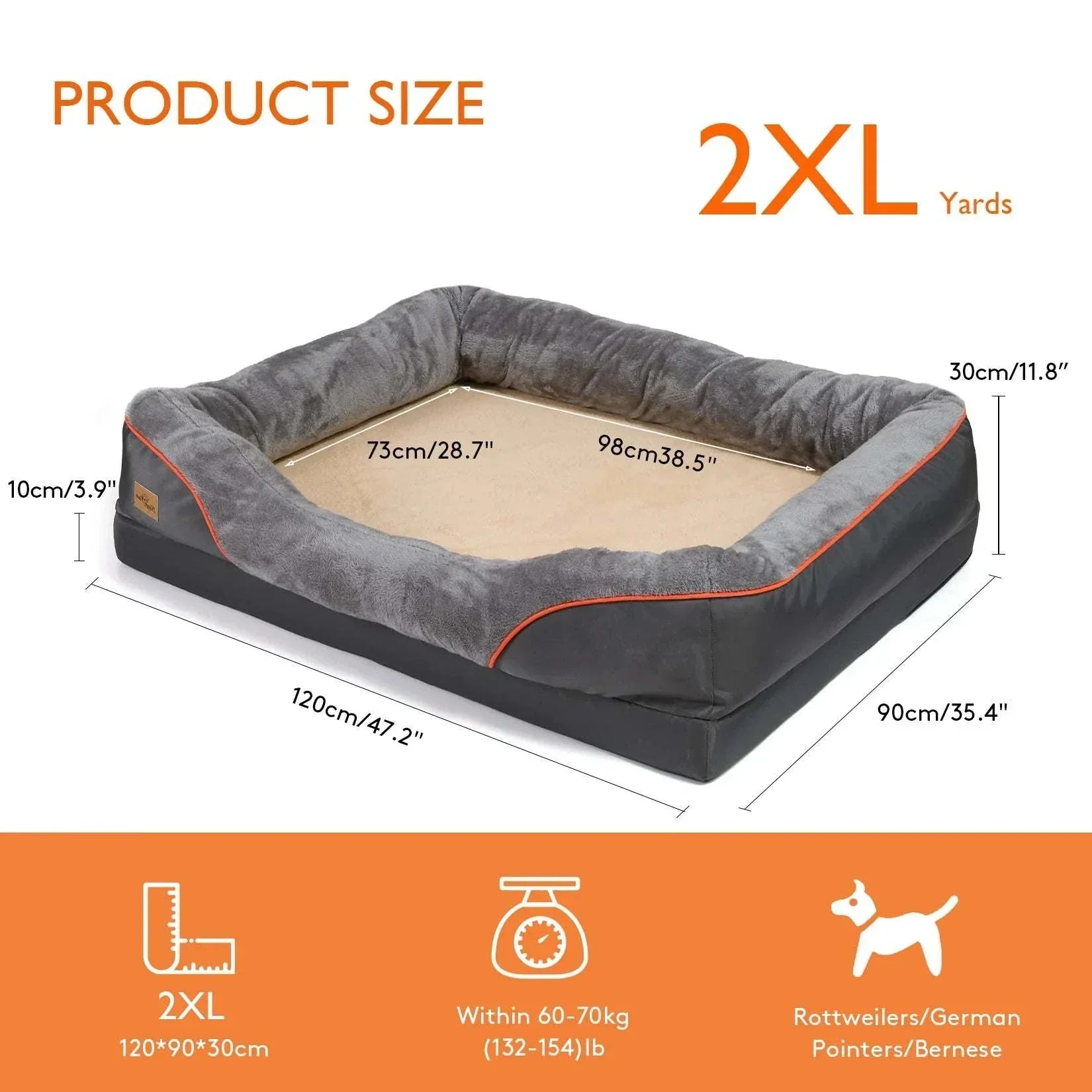 Orthopedic dog bed with super soft foam, cotton-padded bolster, removable cover, waterproof, size 2XL for large dogs