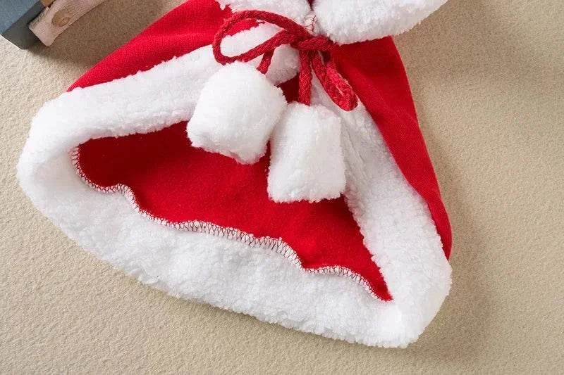 Red and white funny cat Christmas costume with Santa cape and hat, warm polyester pet dress-up accessory