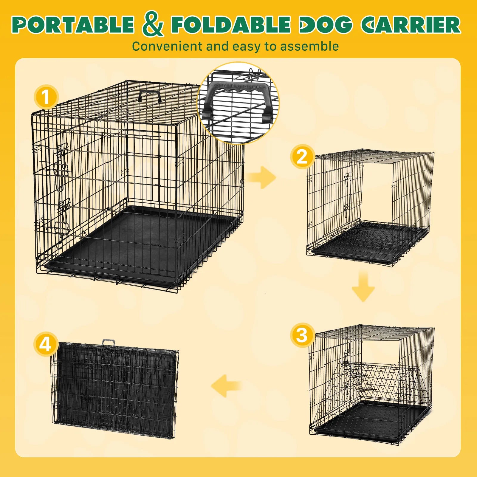 Foldable wire dog crate Double Door with Plastic Leak-Proof Pan tray