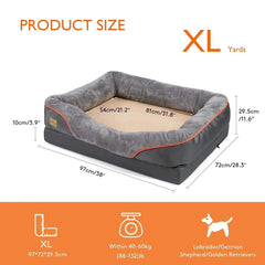 XL dog bed with orthopedic foam, cotton-padded bolster, and removable cover in gray and beige, waterproof and hand washable.