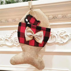 Plaid Christmas Stocking For Pet Buffalo Plaid Black And Red Checker Dog Bone Fish Shape For Puppy Kitty Cat With Bow