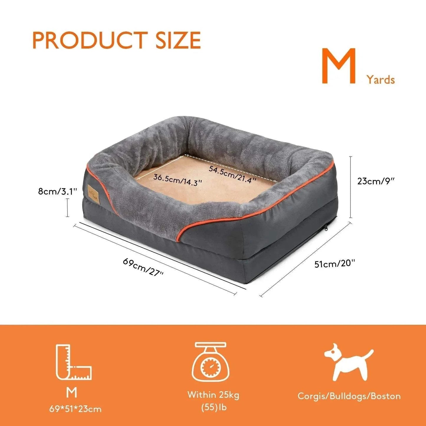 Medium size orthopedic dog bed with cotton-padded bolster and removable cover in gray, waterproof and hand washable