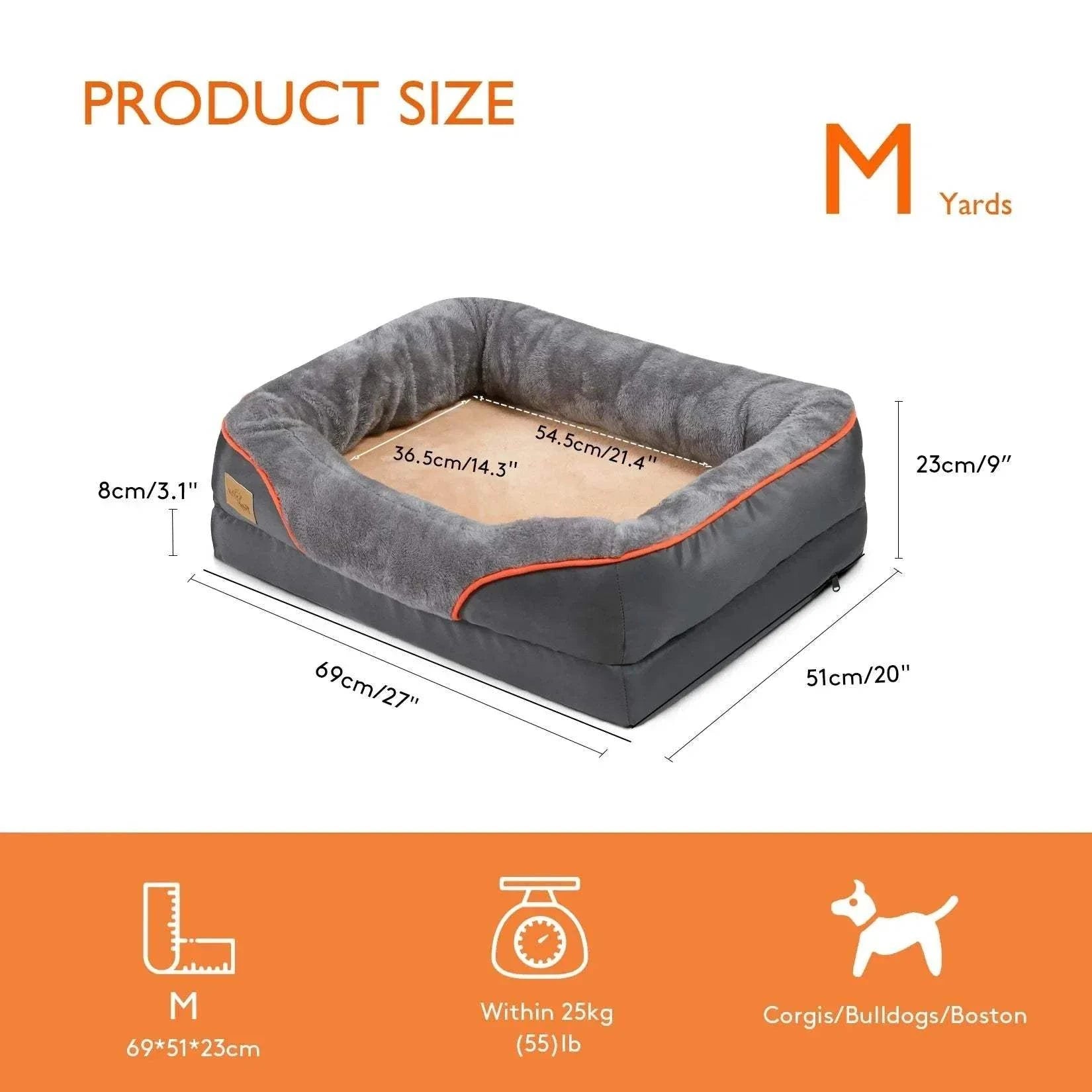 Medium size orthopedic dog bed with cotton-padded bolster and removable cover in gray, waterproof and hand washable
