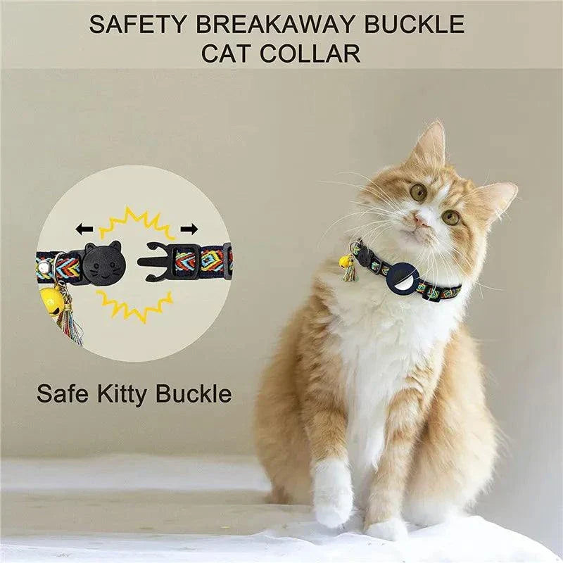 Adjustable nylon dog collar with bell and Airtag holder on cat with safety breakaway buckle