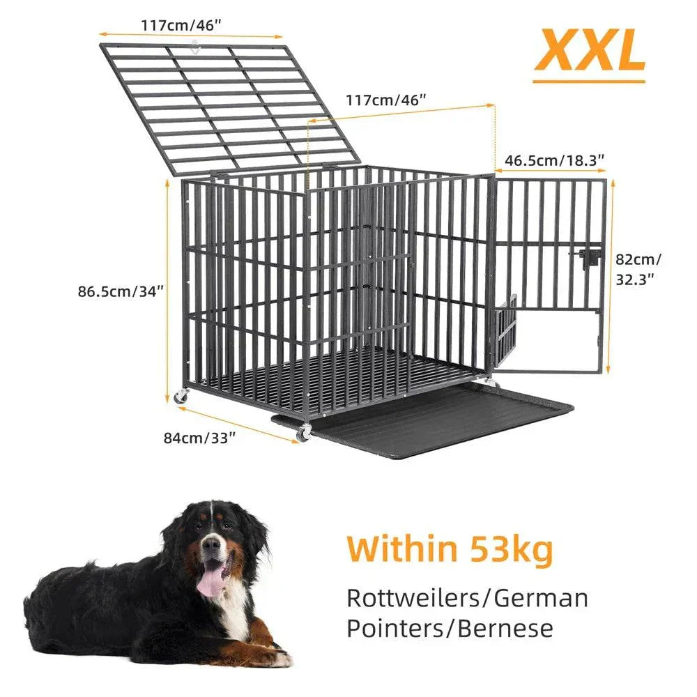 XXL large heavy duty iron dog crate with lockable wheels and removable tray for large breeds like Rottweilers and Bernese