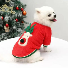 Small white dog wearing red Christmas hoodie with elk design near decorated Christmas tree
