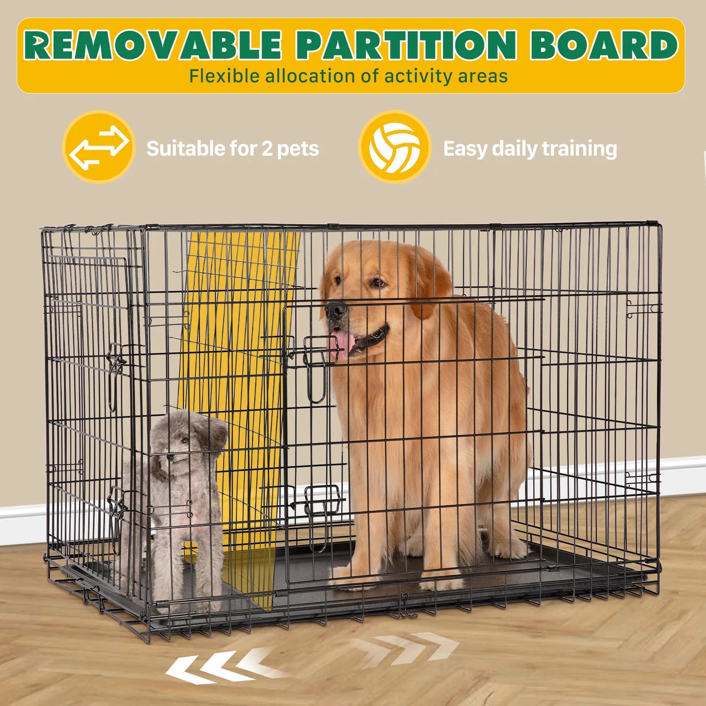 Foldable wire dog crate Double Door with Plastic Leak-Proof Pan tray