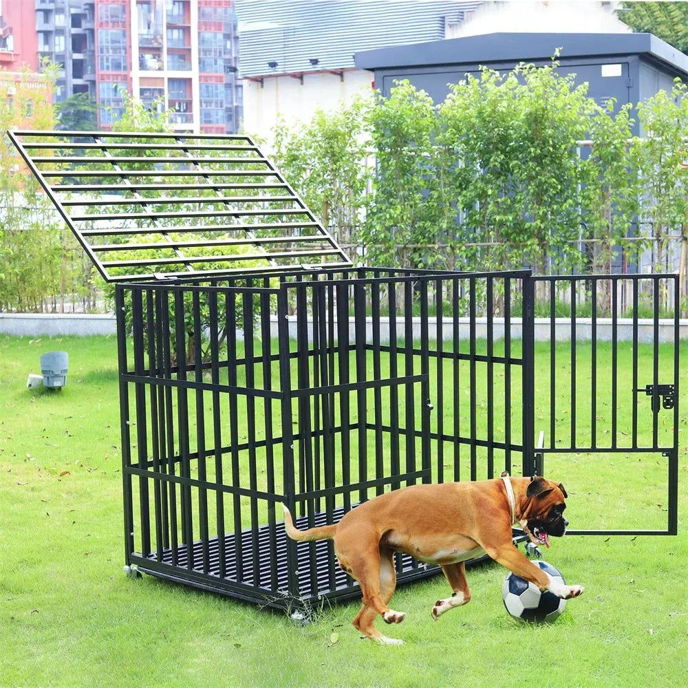 XXL large heavy duty iron dog crate with lockable wheels and open top door playing dog outdoors