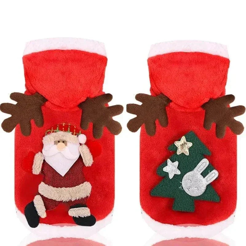 Red winter dog Christmas clothes with Santa and Christmas tree designs and reindeer antler hoods for small to medium dogs